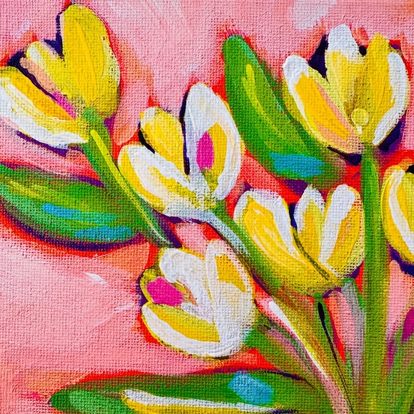 Original Painting Abstract Collectible Yellow Tulips Stems Water 10"x10" Canvas - Picture 8 of 11